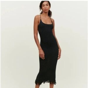 Reformation Alexina Open Knit Dress Crochet Open Back Fringe Midi Black Medium